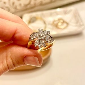 Vintage Cocktail Ring Gold Silver Diamond Costume 8.5